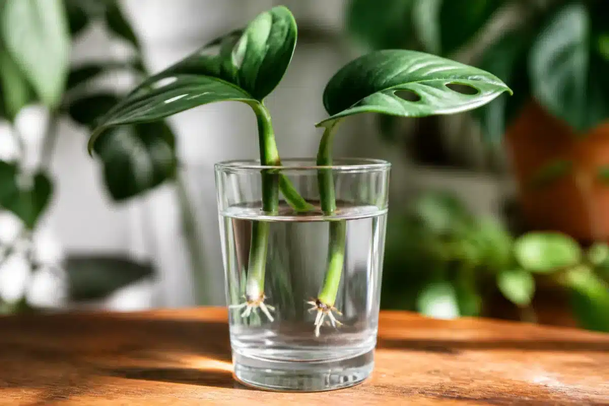 Talea con radici bianche di due centimetri in bicchiere d'acqua