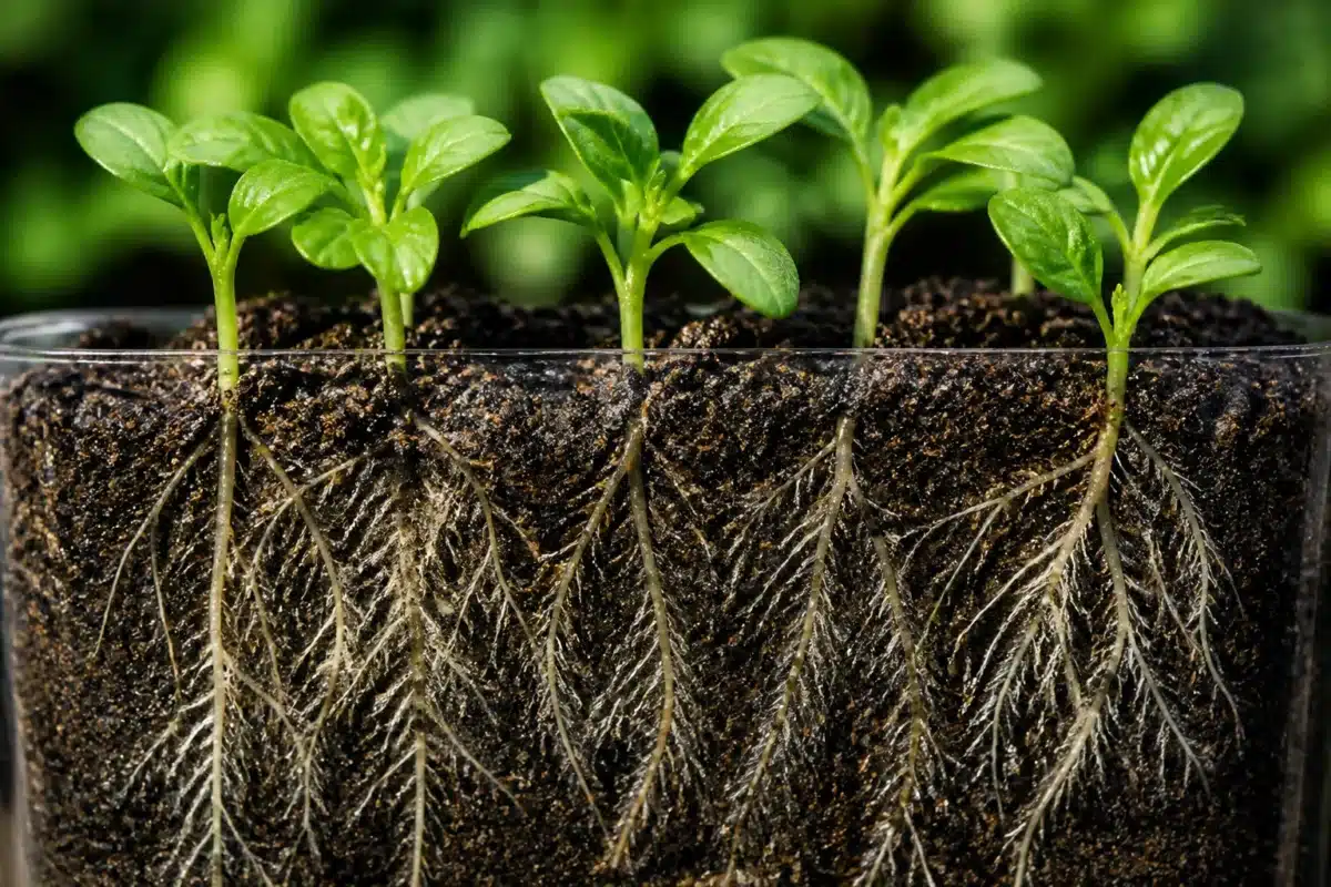 Jeunes plants verts enracines dans terreau humide transparent
