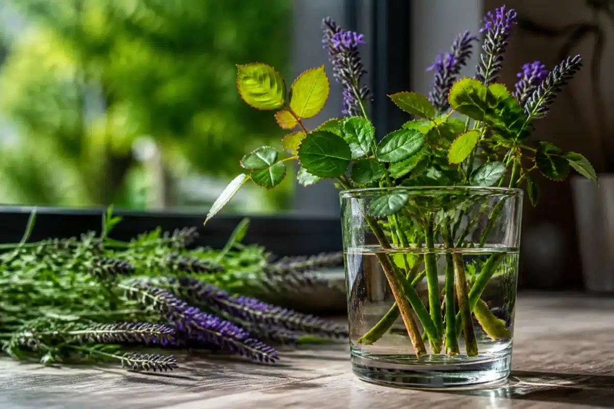 Boutures vertes de roses et lavandes dans verre d'eau