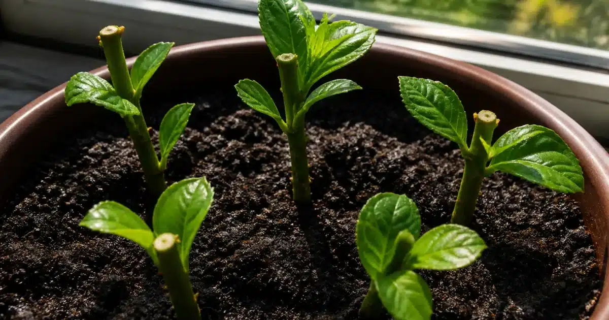 Cinq boutures vertes posees dans terreau humide pres fenetre