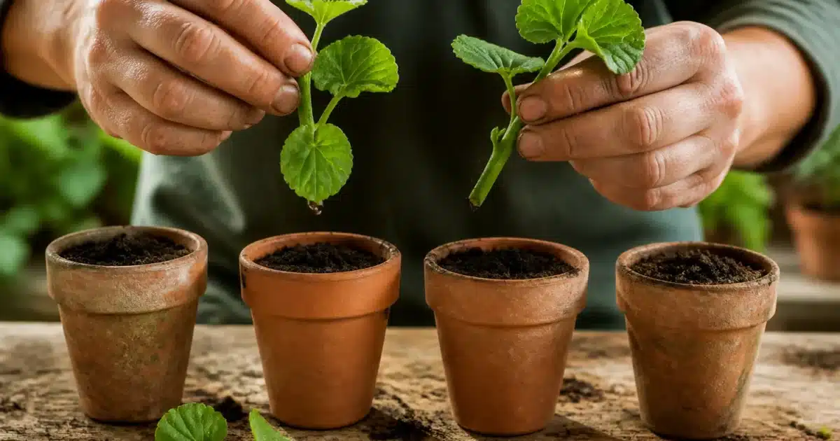 Mains tenant boutures vertes dans pots terreau alignes horizontalement