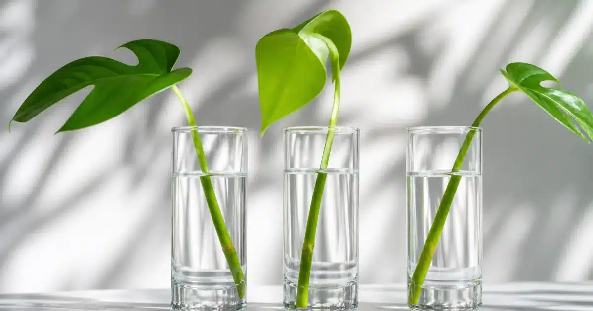 Trois tiges vertes immergees dans des verres remplis d'eau transparente