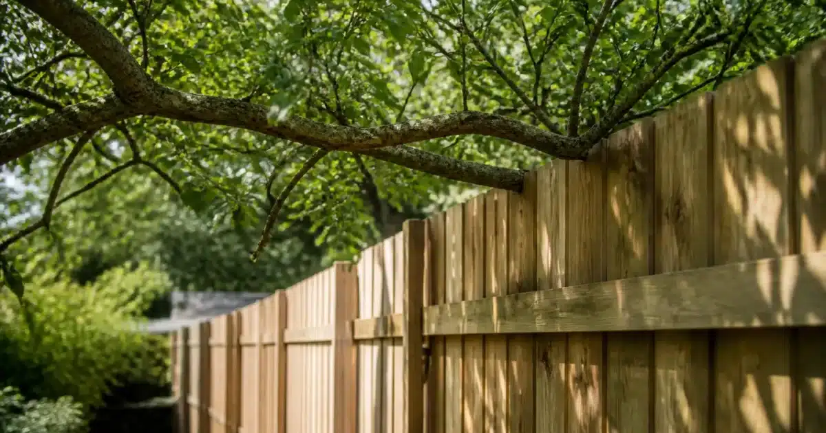Branche d'arbre s'etendant au-dessus d'une cloture separant deux proprietes