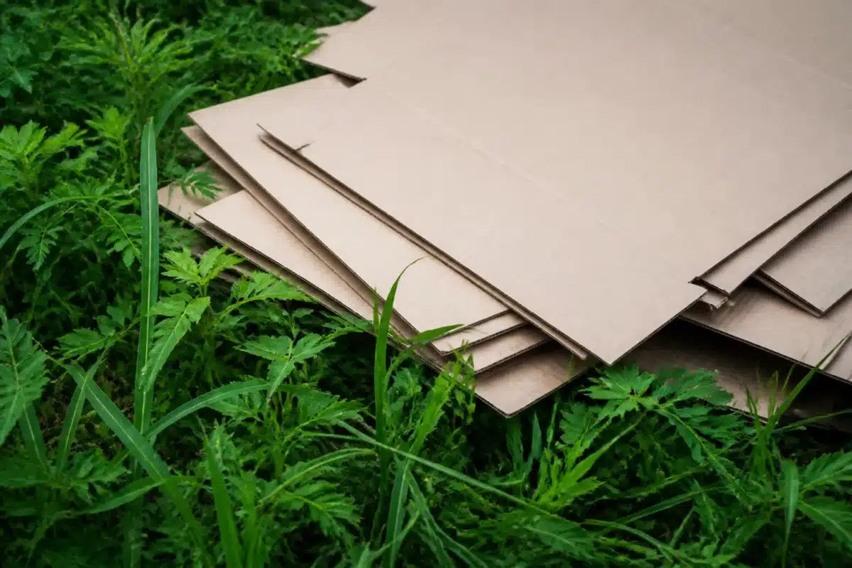 Carton epais superpose sur mauvaises herbes vertes envahissantes