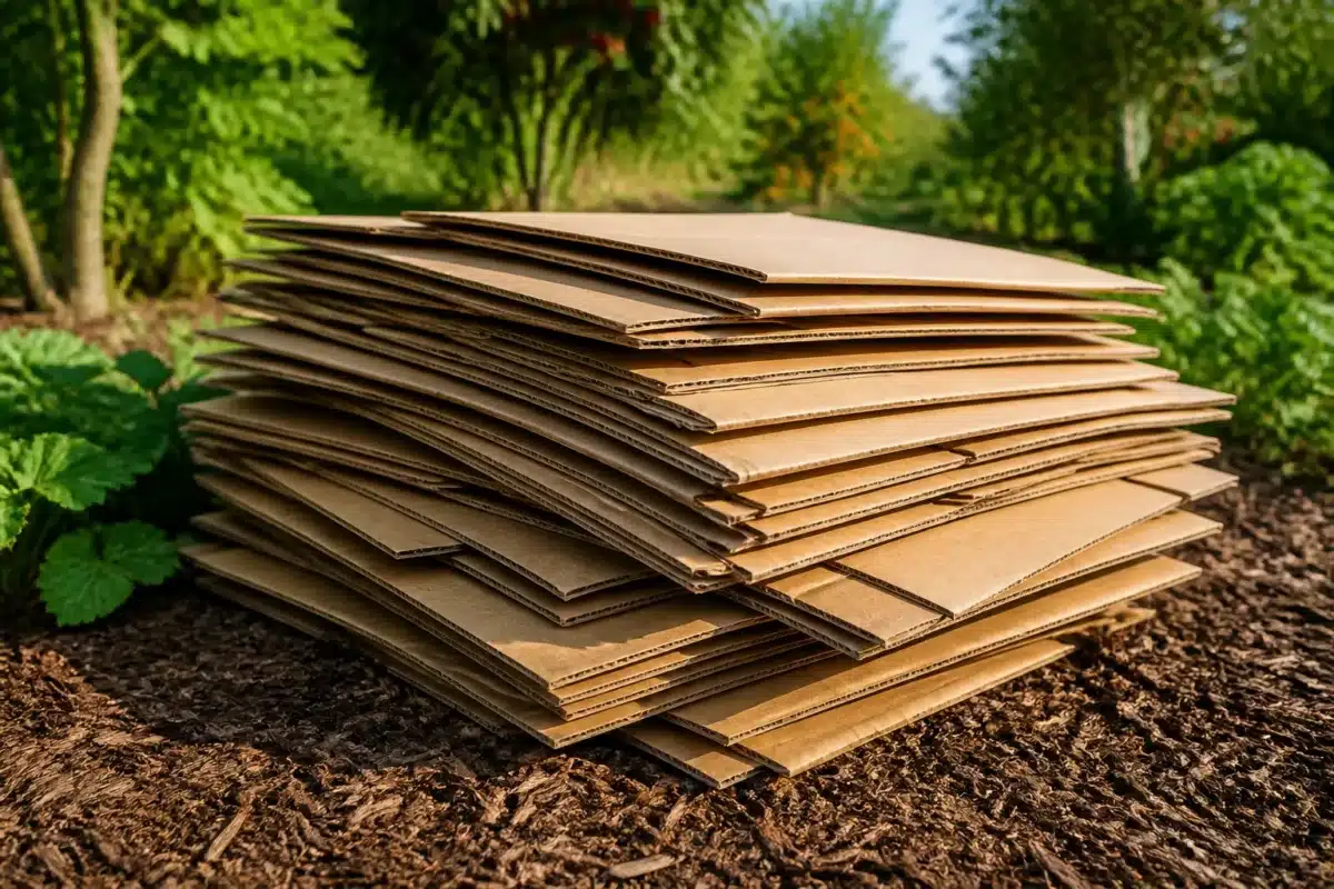 Cartons bruns empilés sans adhesifs ni plastique pour jardin