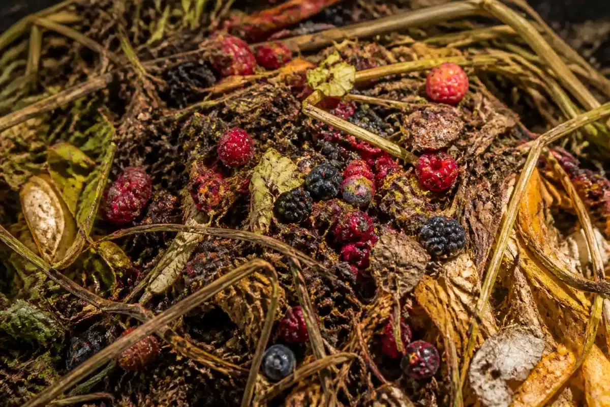 Tas de compost avec fruits rouges et matiere seche melangees