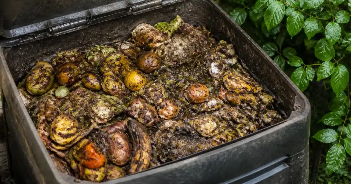 Bac de compost ouvert révélant déchets organiques en décomposition malodorante