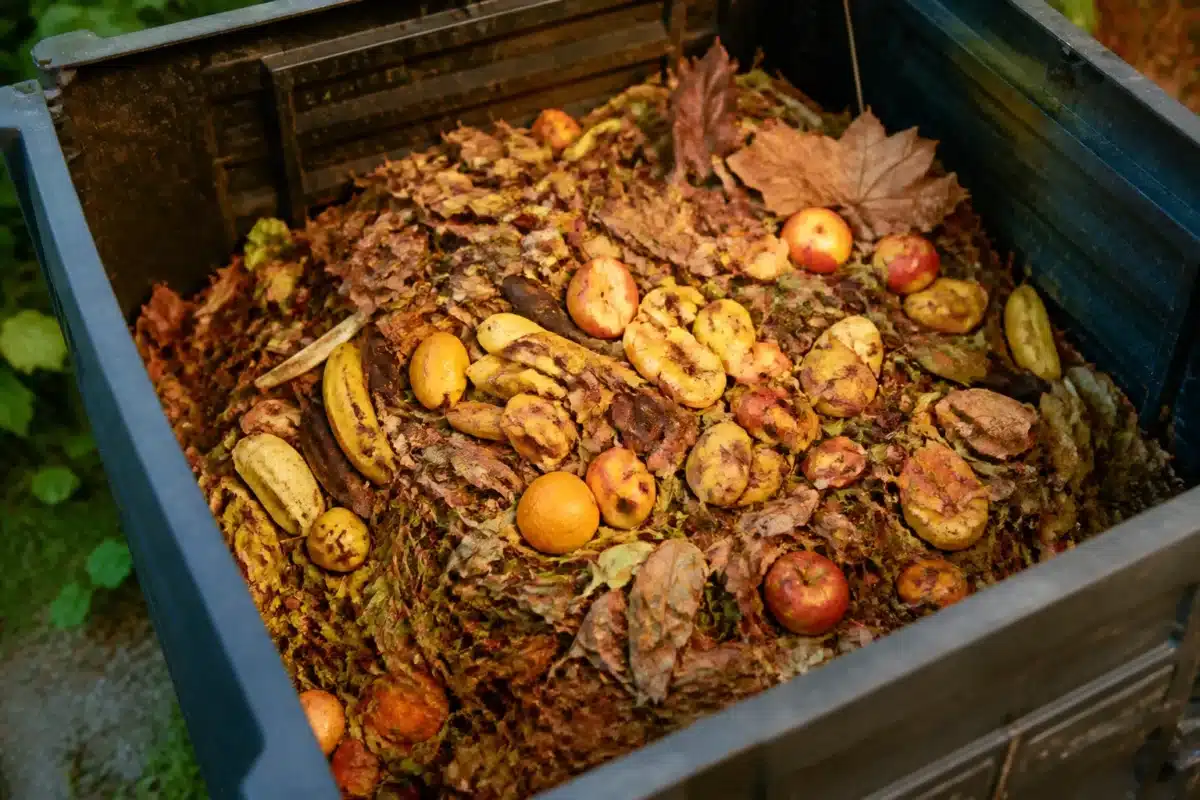 Composteur rempli de fruits et feuilles mortes seches