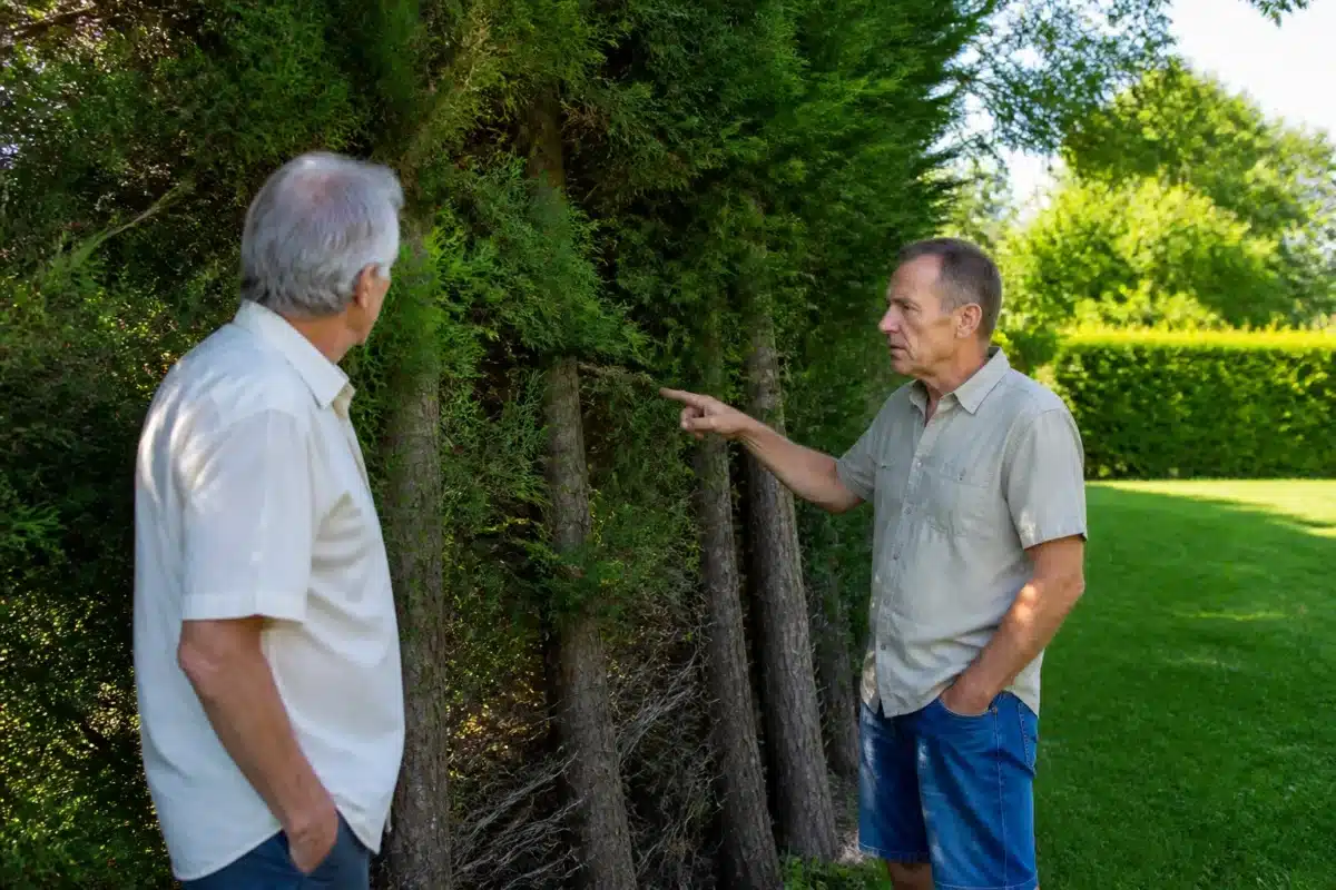 Deux propriétaires discutent près d'arbres frontière entre terrains