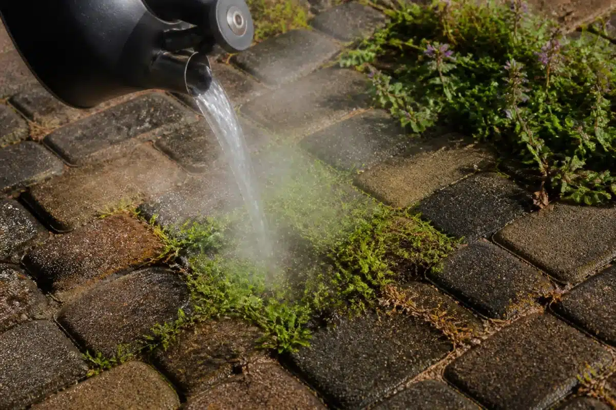 Eau bouillante versée sur herbes entre pavés gravillonnés