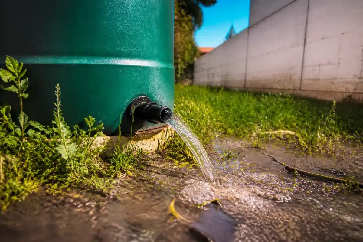 Water dat overloopt van een regentank naar buurterrein