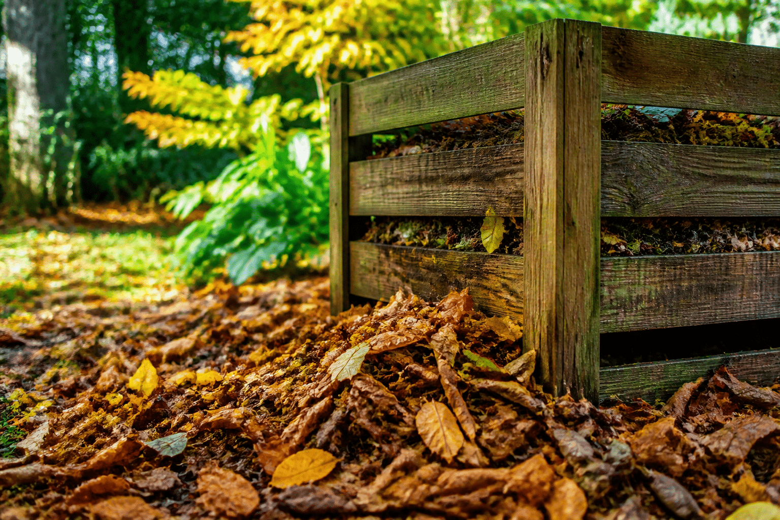 Feuilles automnales accumulees au sol pres dun compost en bois