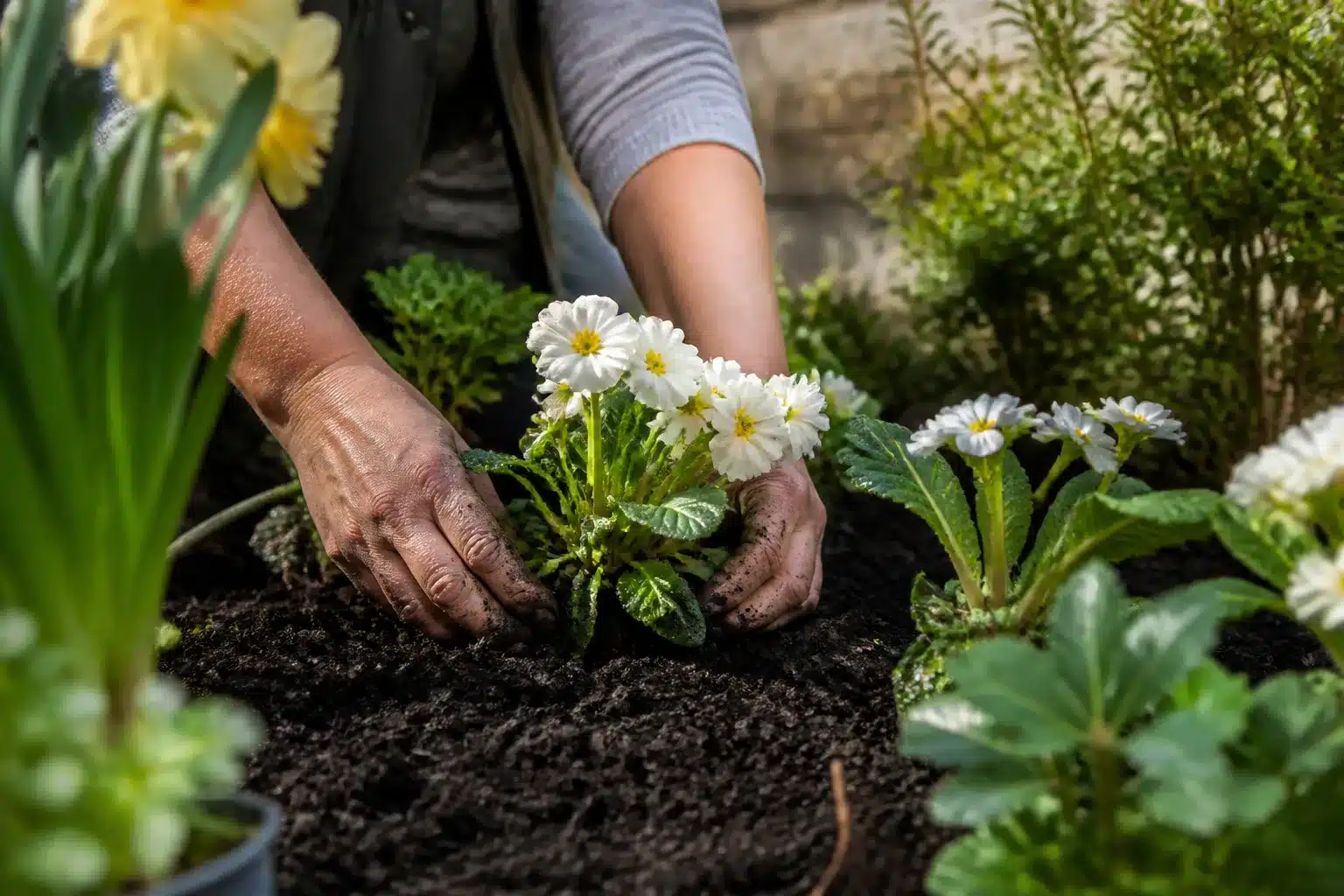 Mains plantant fleurs blanches dans terreau noir de jardin