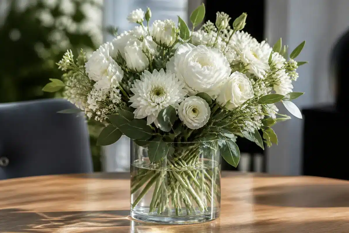 Bouquet de fleurs blanches délicates dans vase transparent clair