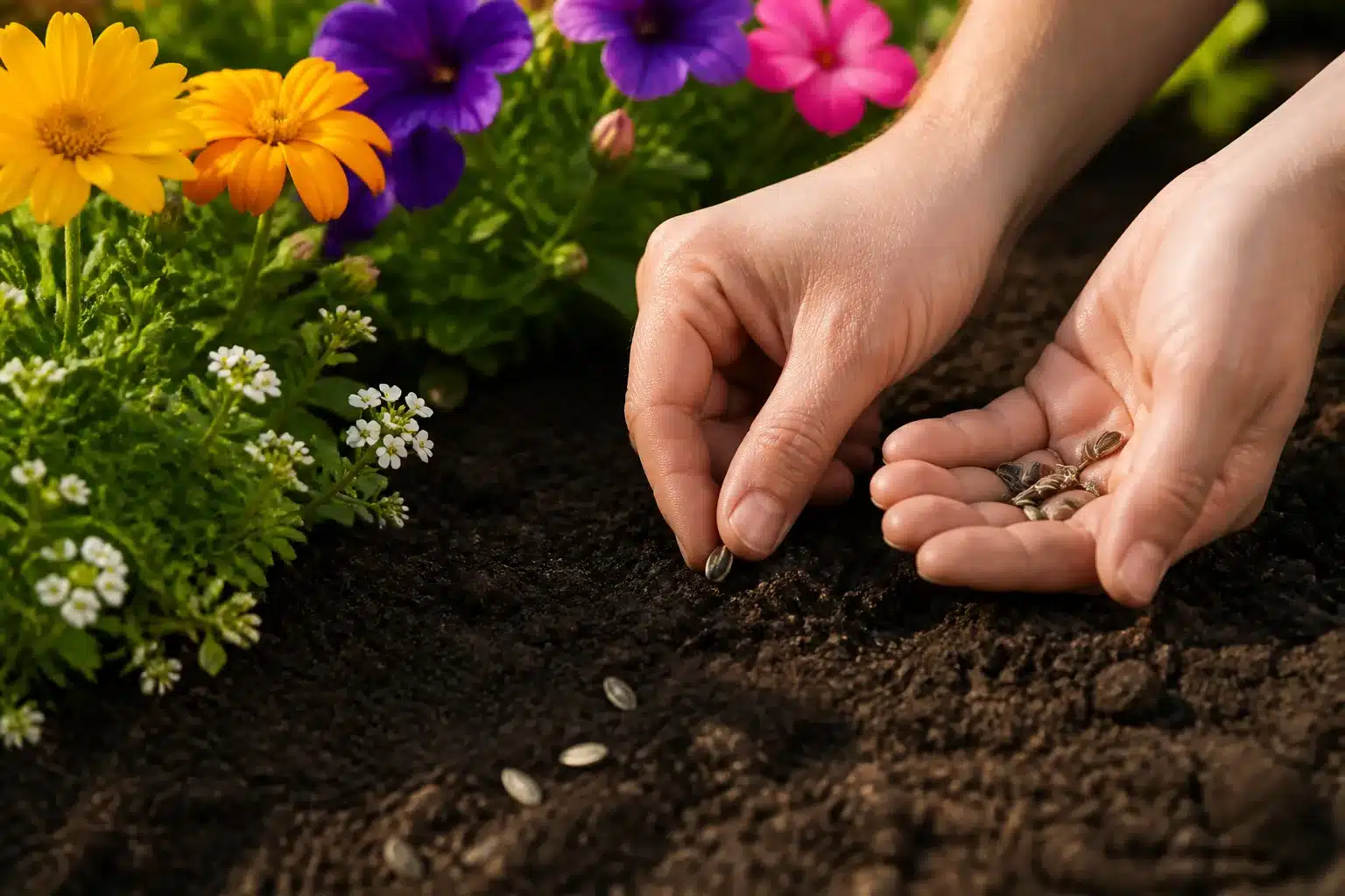 Mains plantant graines fleurs colorees dans terre noire