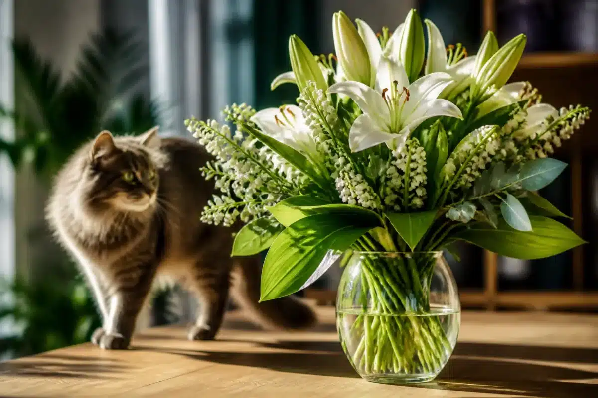 Bouquet de fleurs toxiques loin d'un chat curieux