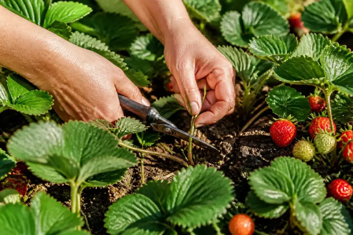Mains taillant plants fraisiers rouges entre mai juillet