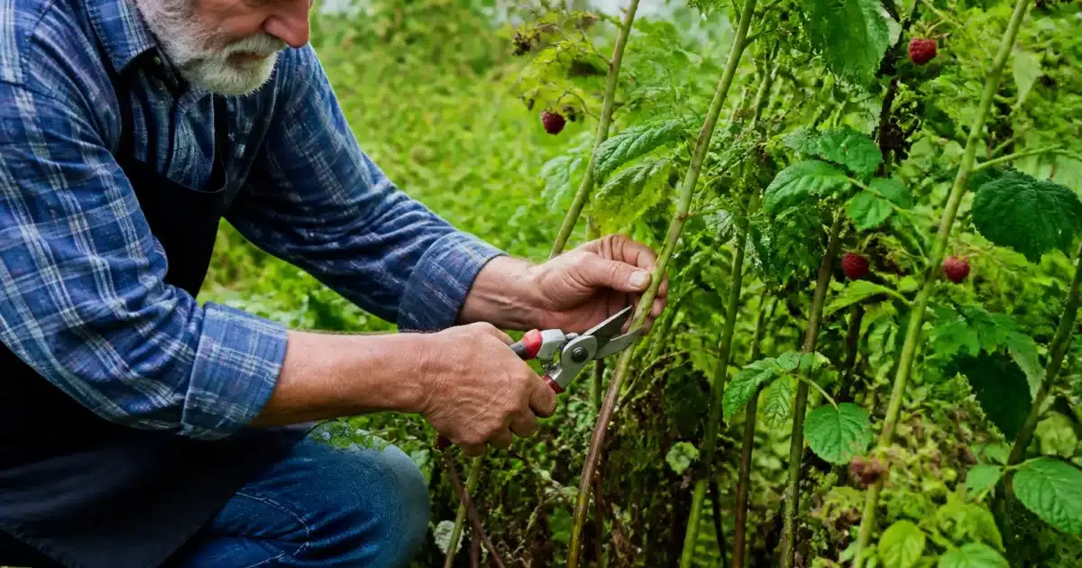 Jardinier coupant tige de framboisier avec secateur apres recolte