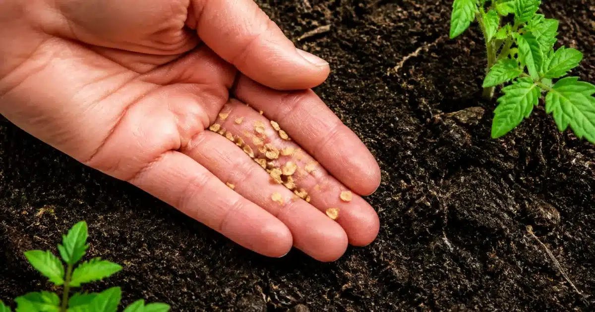 Mains tenant des graines de tomate seches au-dessus de terre humide