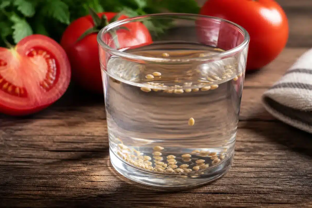 Tomatenzaden weken in glas lauwwarm water