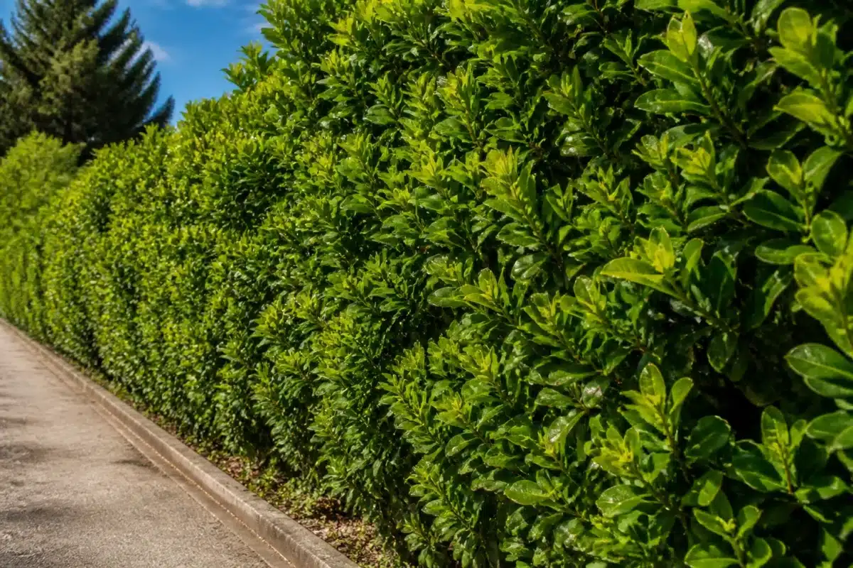 Haie verte dense avec marquages règlementaires visibles
