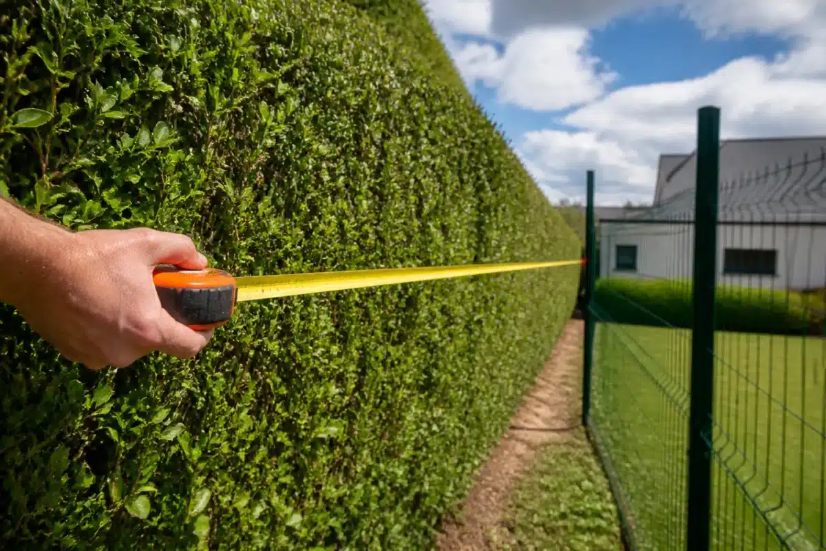 Haie verte taillée près de la limite de propriété avec ruban mesure