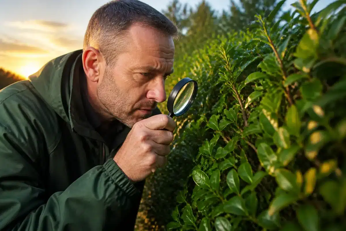 Inspecteur examine haie au coucher soleil avec loupe