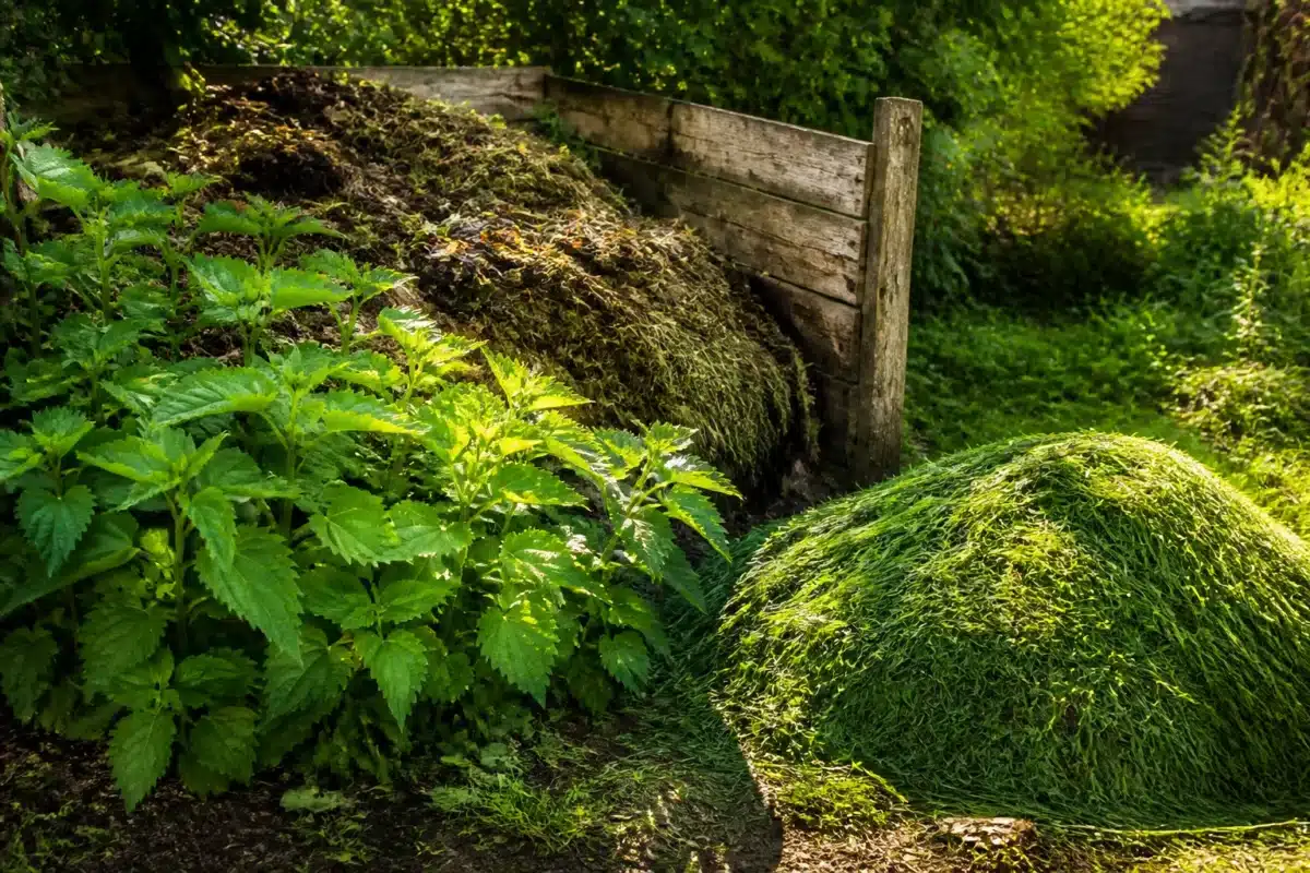 Jardin avec tas compost, orties vertes, tontes herbe