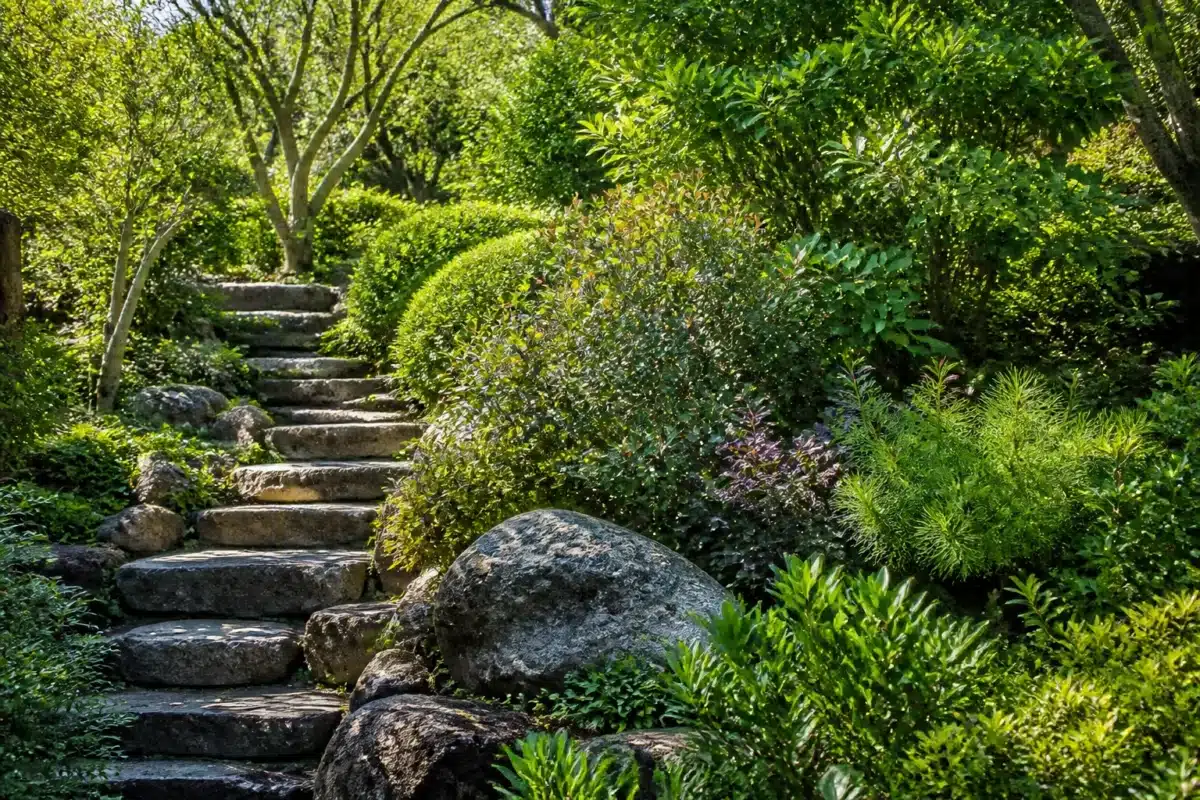 Jardin dense avec arbustes feuillus et pierre naturelle