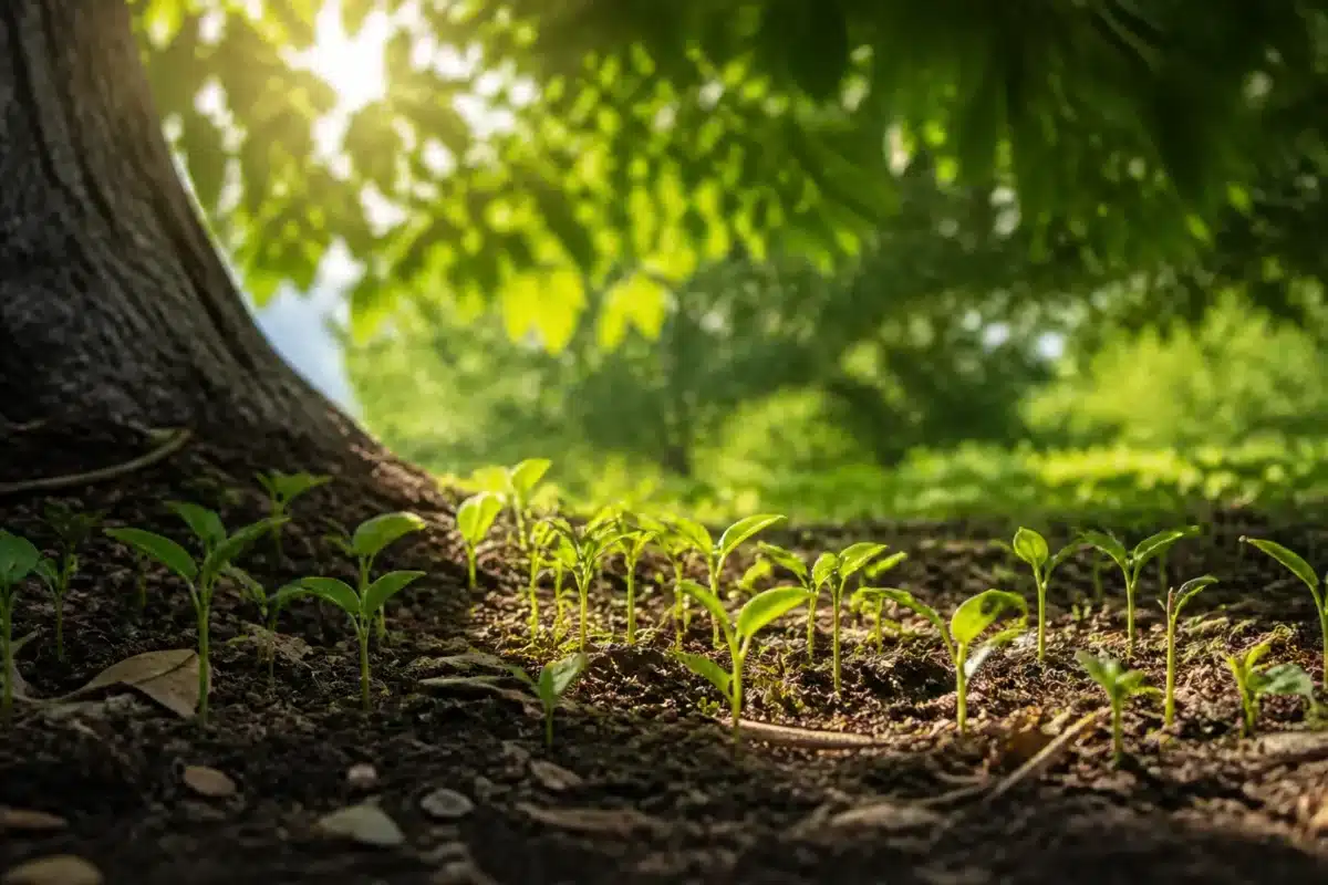 Jardin ombrage naturel arbre semis germination matinale