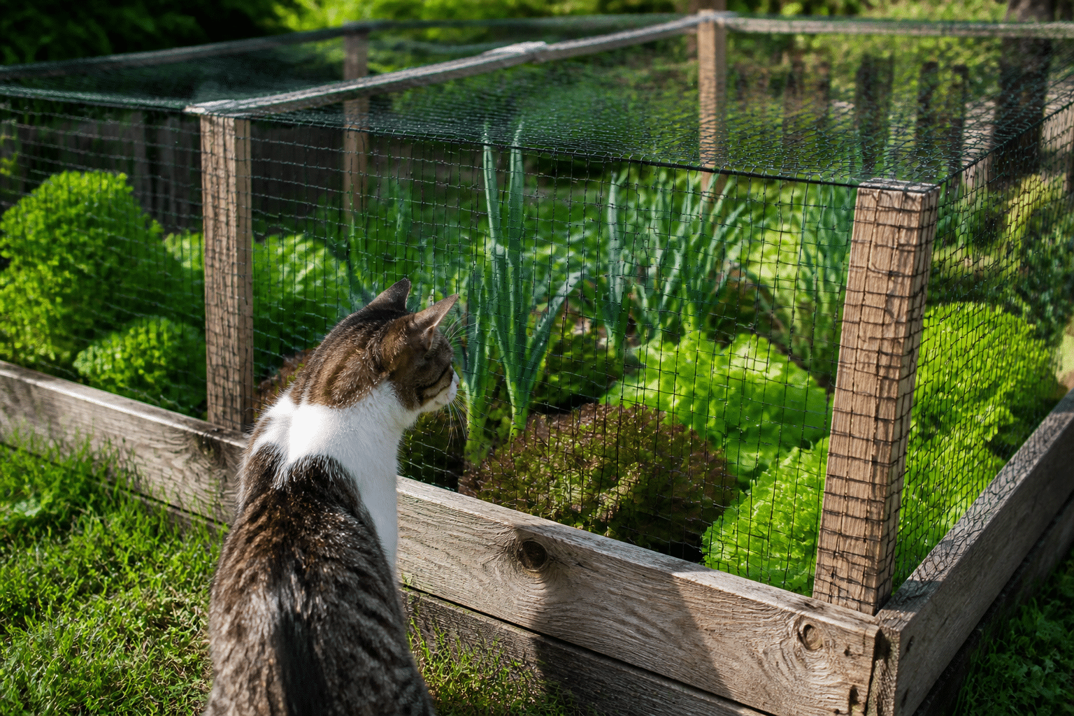 Jardin potager avec barrière protectrice empêchant l'accès des chats