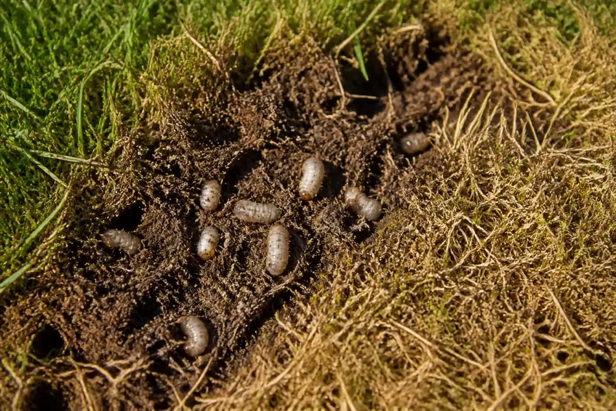 Pelouse jaunie avec larves blanches visibles dans sol endommagé