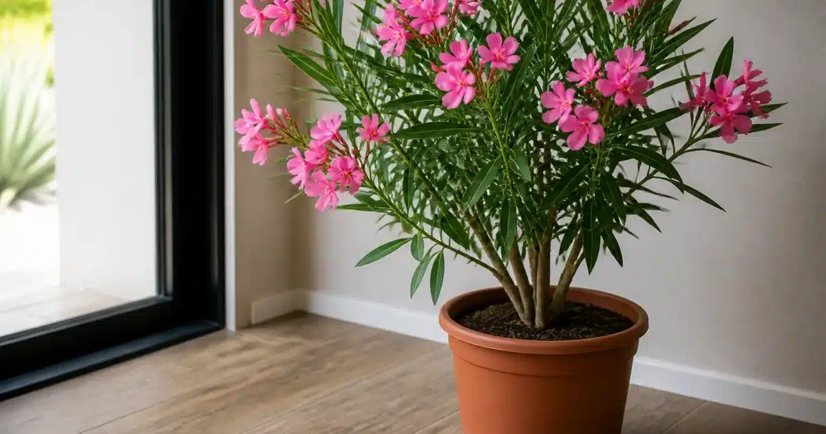 Laurier-rose en pot placé contre mur interieur avant hivernage