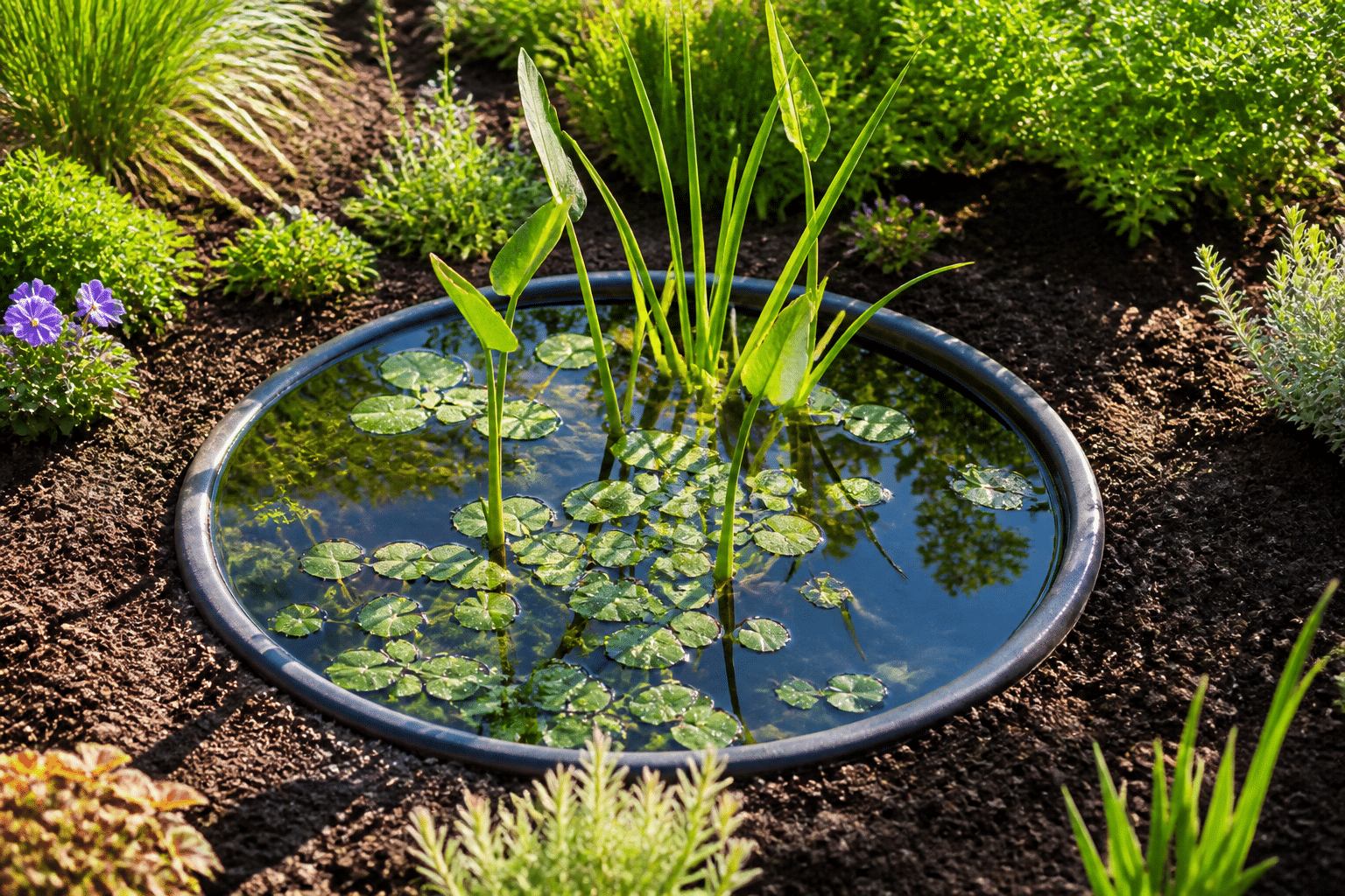 Bassin rond enfonce dans terre avec plantes aquatiques emergentes