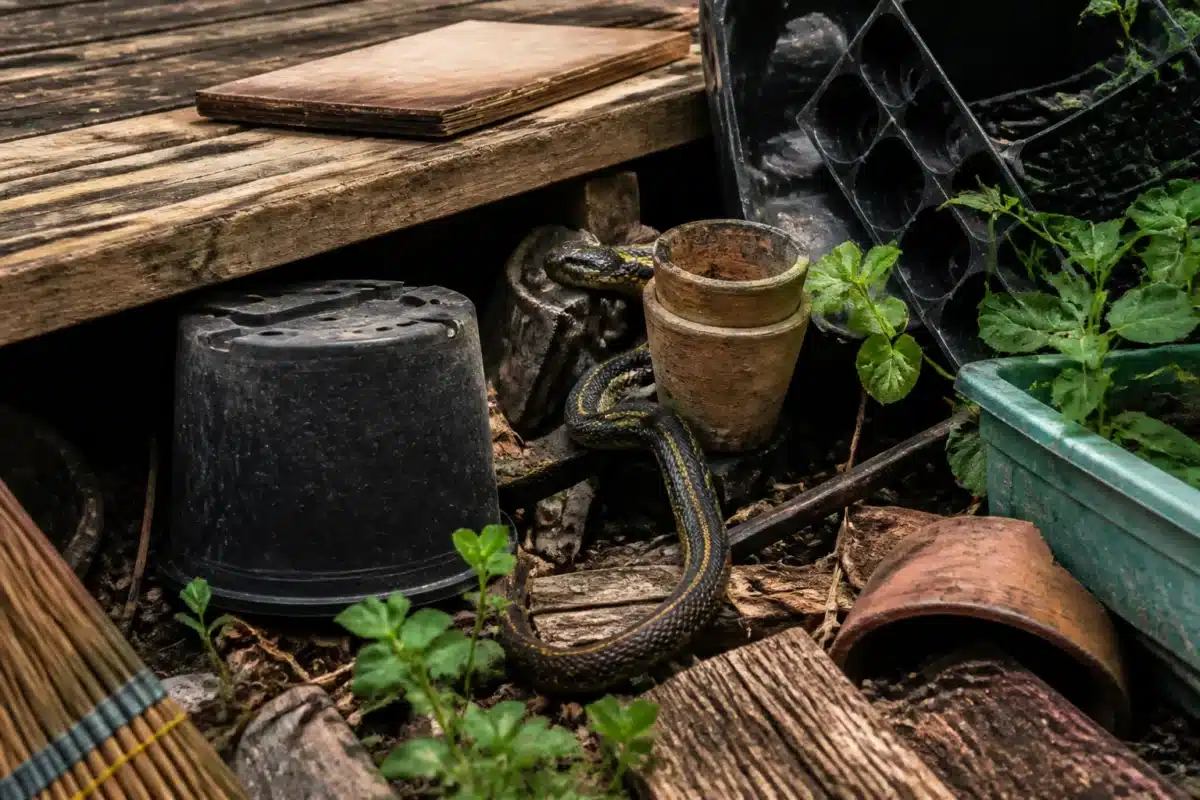 Objets divers accumules pres terrasse attirant serpents