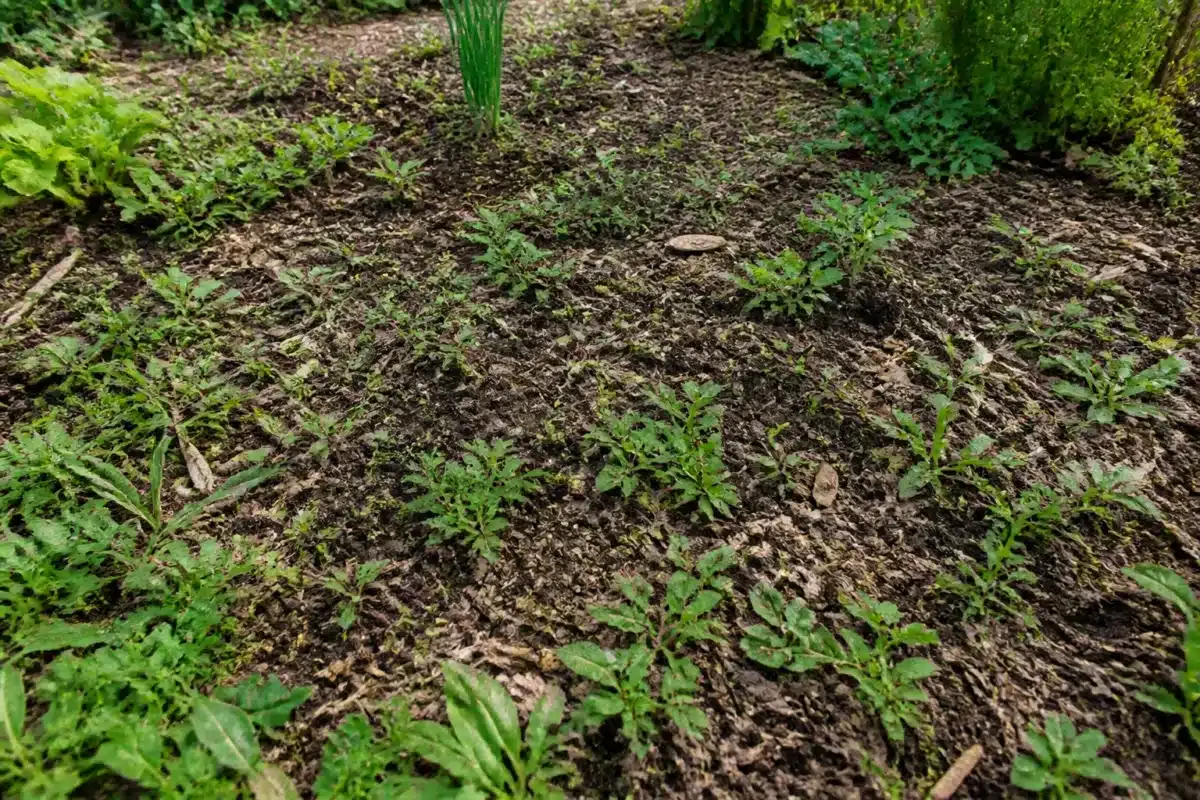 Boden mit Unkraut bedeckt mit unzureichend dicker Mulchschicht