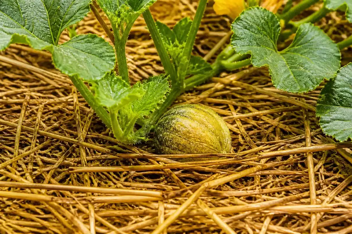 Couche paille autour plant protégeant fruits mouillés