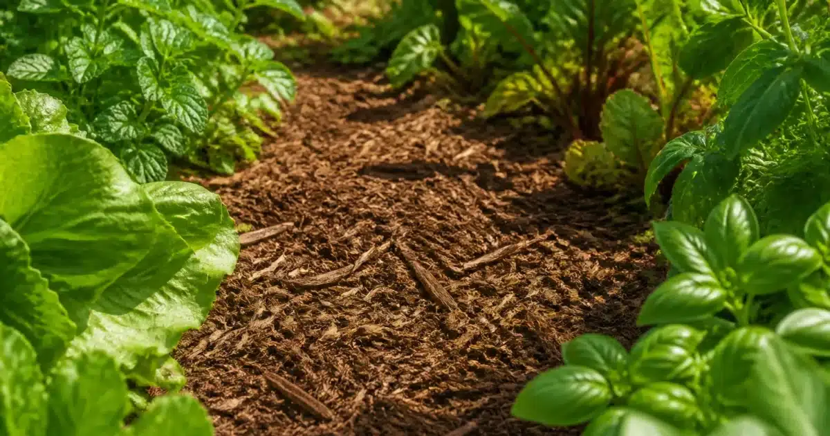 Couche paillis brun recouvrant sol jardinage entre plantes vertes