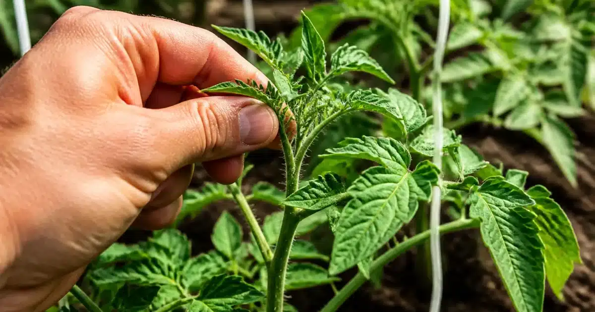Main pinçant la tige supérieure d'un plant de tomate en croissance