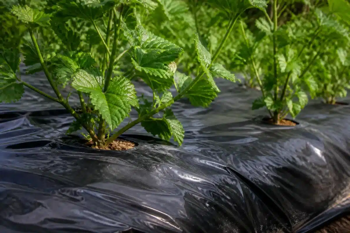 Plante recouverte de bache noire opaque au sol