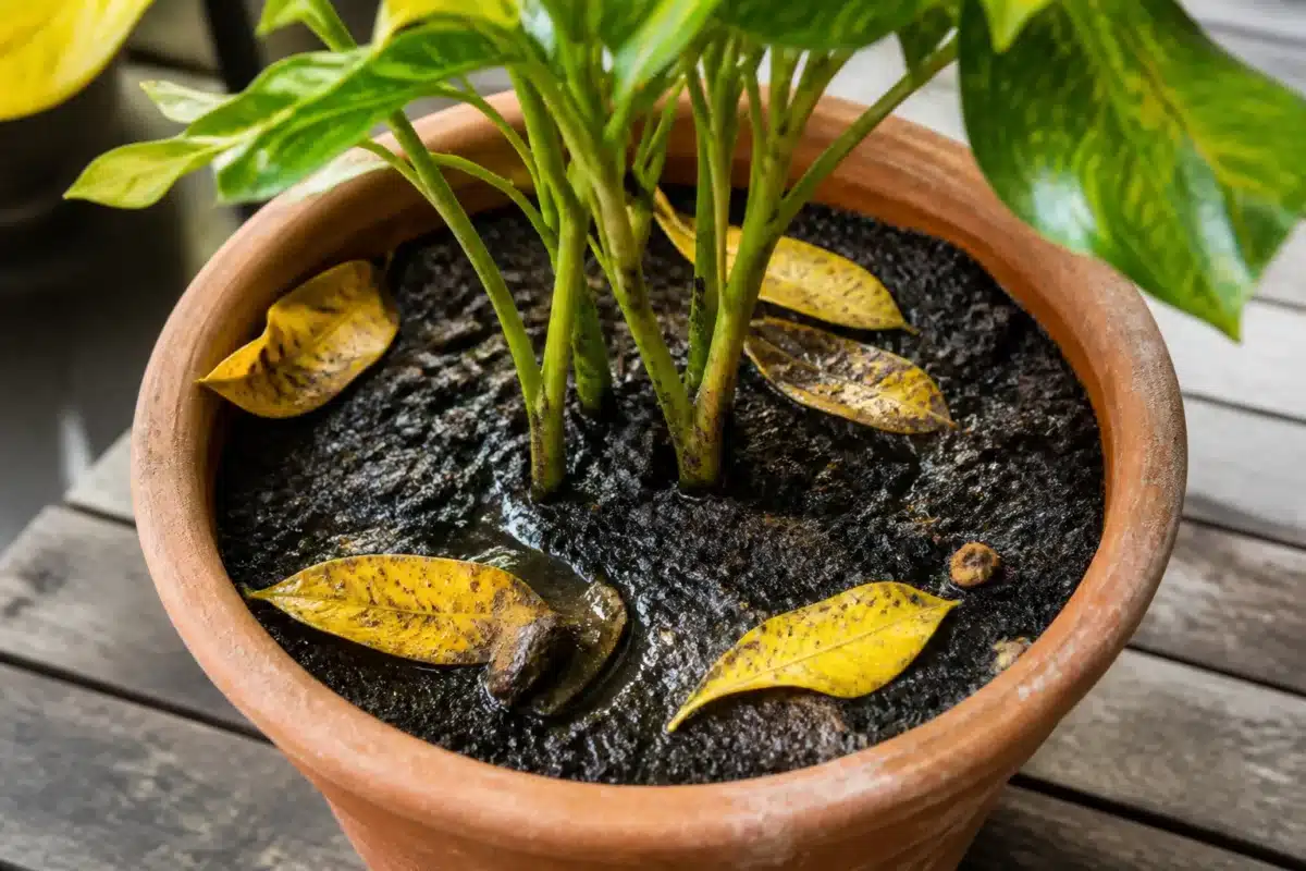 Pot de plante avec terre humide et feuilles jaunies