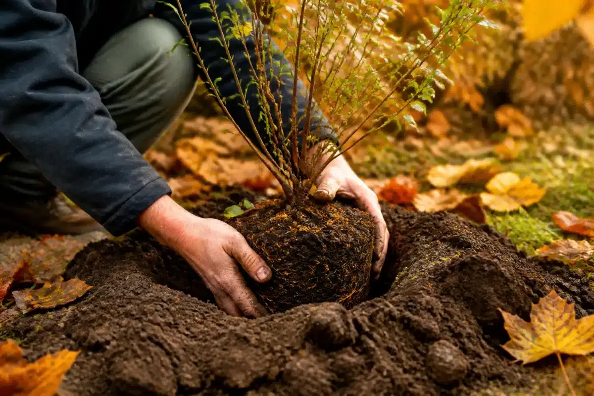 Mains plantant arbuste dans terre humide automne