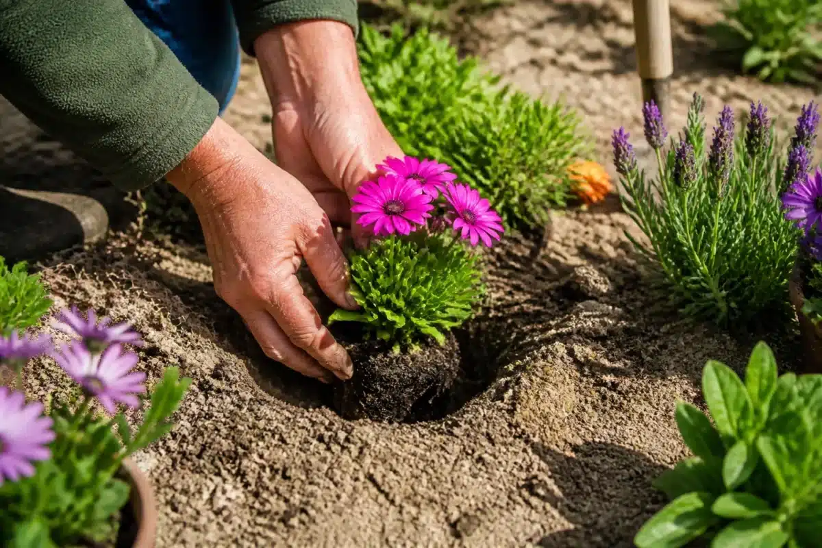 Mains plantant fleurs printemps sol sablonneux drainant