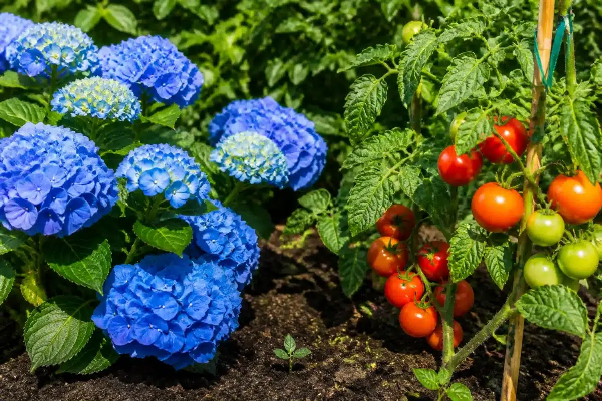 Hortensias bleus et tomates poussant dans terreau riche