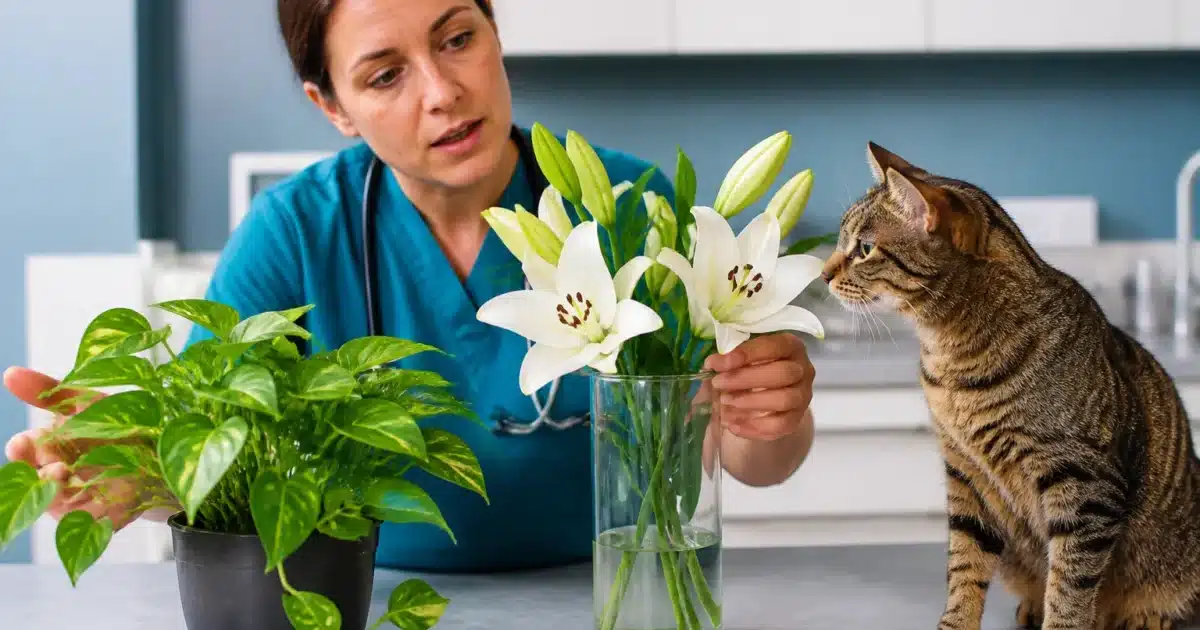 Veterinaire montrant trois plantes toxiques dangereuses pour chats domestiques
