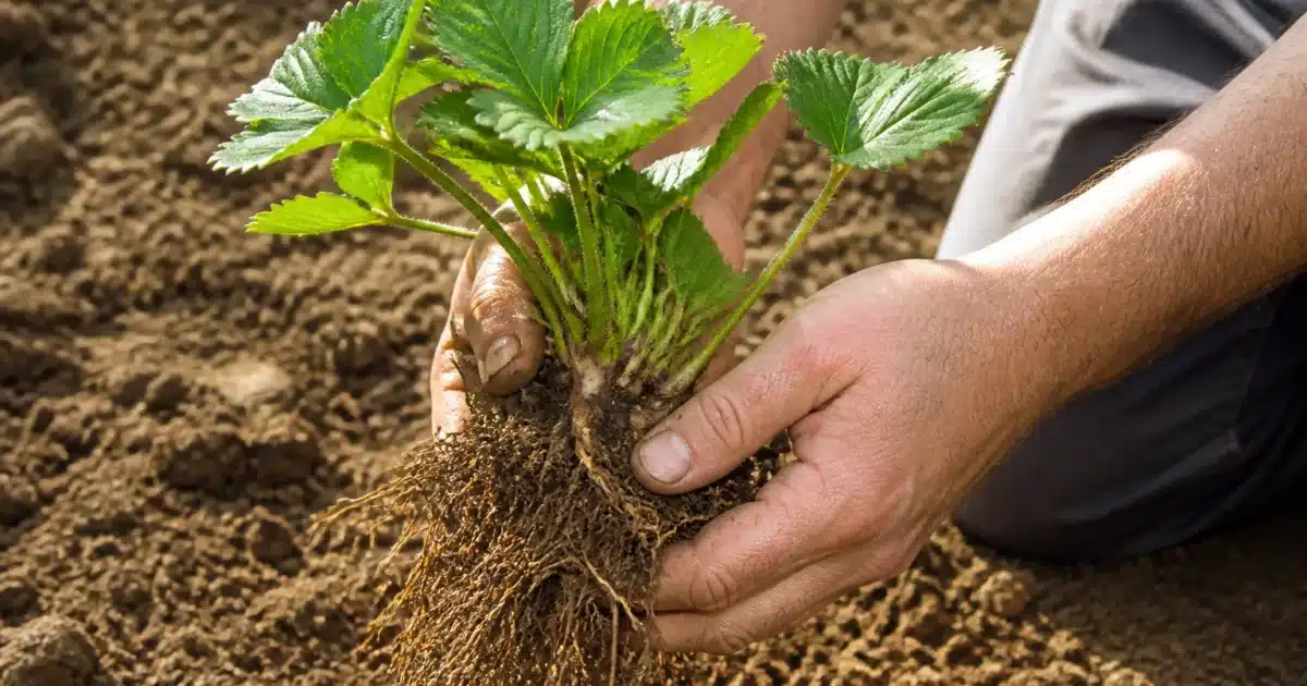 Mains tenant plants fraisiers au-dessus sol preparation culture