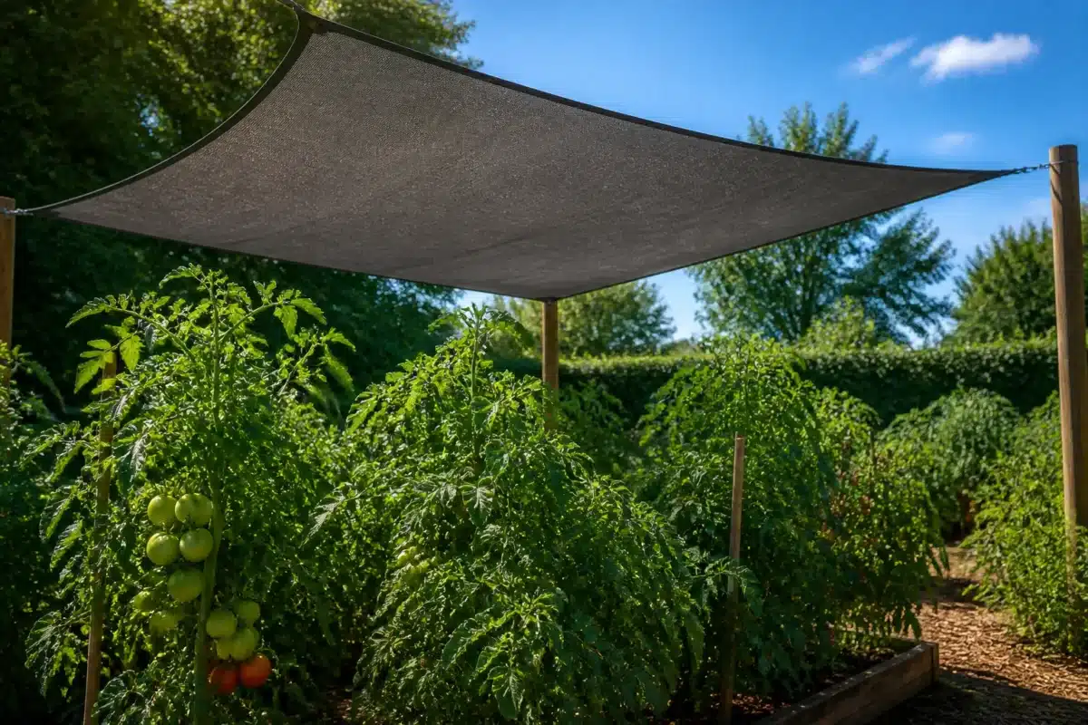 Voile d'ombrage gris tendu au-dessus plants tomates