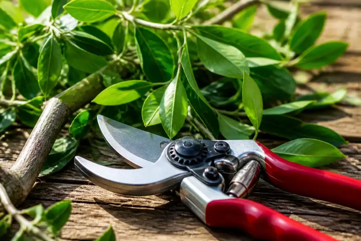 Secateurs propres avec lames affutees apres taille arbustes