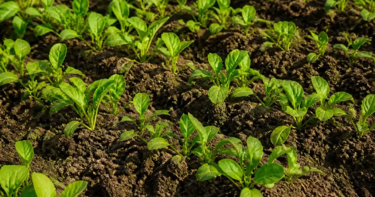 Jeunes plants verts poussant densement dans terre brune retournee