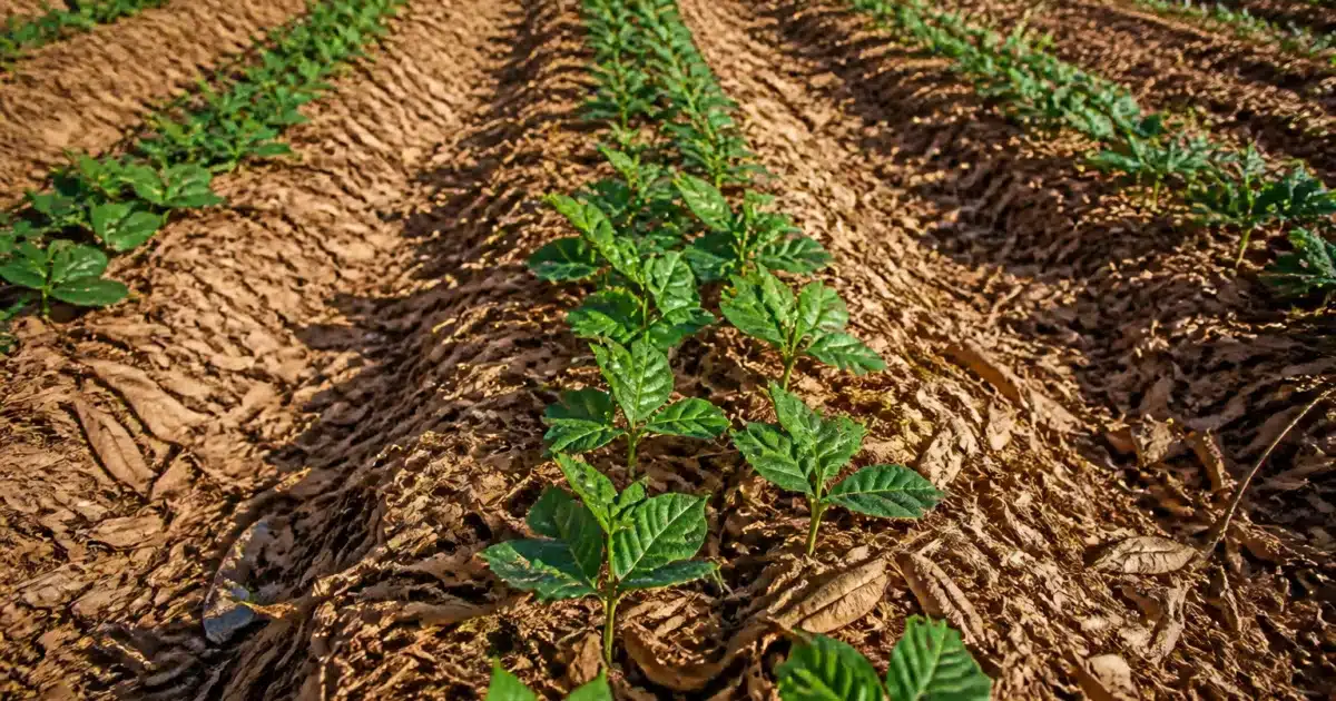 Jeunes plants en rangees recouvertes feuilles seches protections naturelles